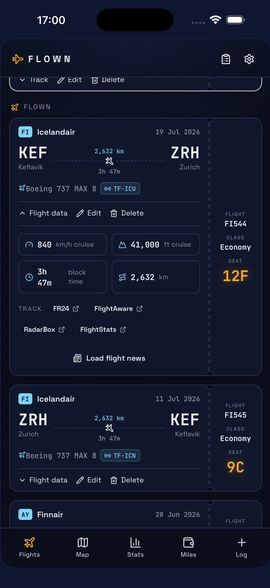 Flown single flight detail view