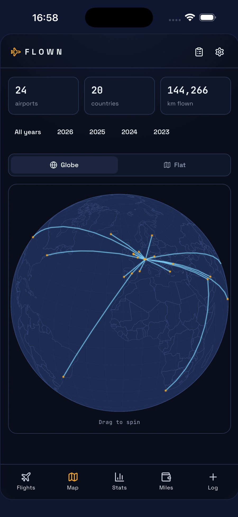 Flown 3D globe showing flight routes